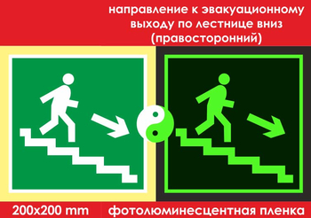 E13 направление к эвакуационному выходу по лестнице вниз (правосторонний) (фотолюминесцентная пленка, 200х200 мм) - Знаки безопасности - Эвакуационные знаки - Магазин охраны труда Протекторшоп